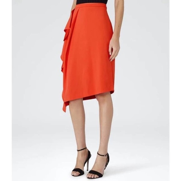 REISS skirt Dita Waterfall Front Mandarin Bold Orange Draped Crepe womens Sz 8 - Picture 5 of 13